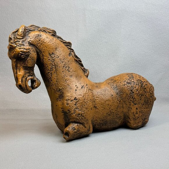 Vintage Rustic Brown Bitossi-Style Sitting Horse Statue Heavy Decor Piece 18" L - Picture 3 of 14